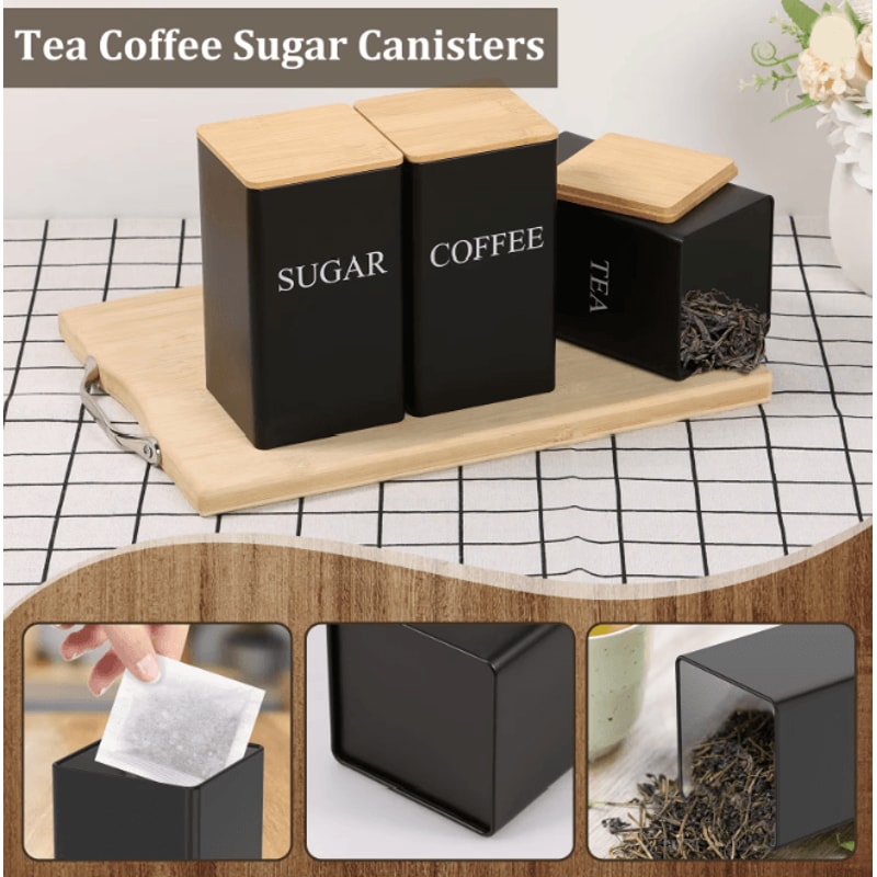 FreshSeal Coffee Storage Canisters Bamboo Lid Metal Kitchen Jar Set 2