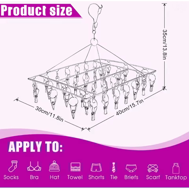 SpinDry Stainless Steel Sock Drying Rack With Windproof Clips 2