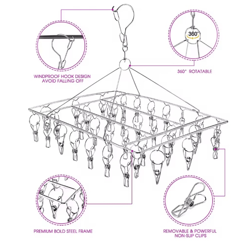 SpinDry Stainless Steel Sock Drying Rack With Windproof Clips 3