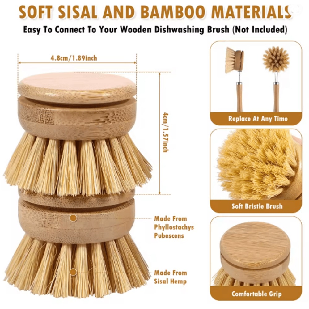 Wooden Handle Kitchen Dish Brush Set With Replacement Heads 4