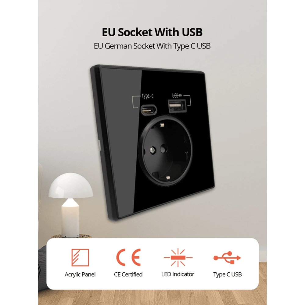 CrystalLine Type C USB Wall Socket Acrylic Mirror Panel Power Outlet 0