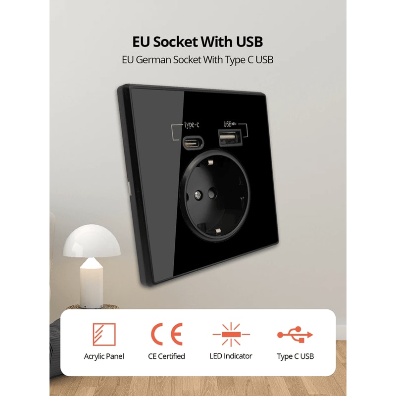 CrystalLine Type C USB Wall Socket Acrylic Mirror Panel Power Outlet 0