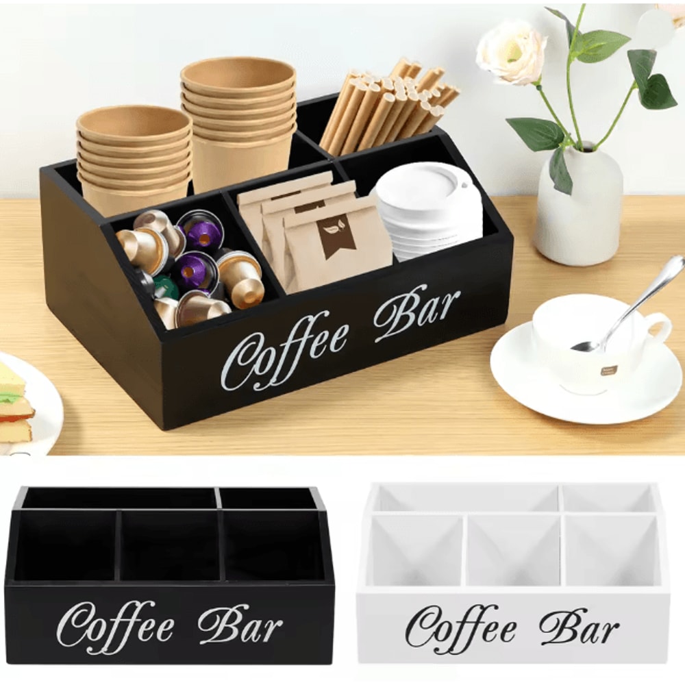 Wooden Coffee Bar Organizer Coffee Rack With Storage Compartments 0