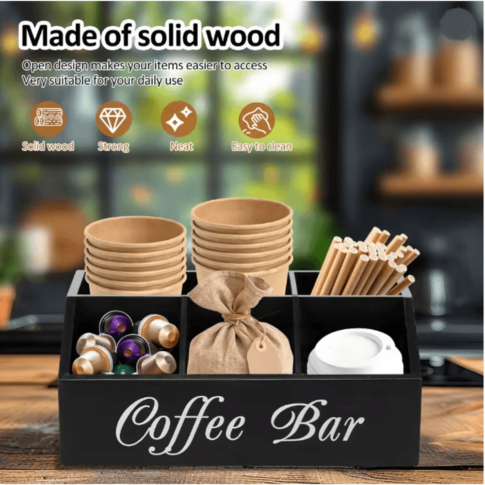 Wooden Coffee Bar Organizer Coffee Rack With Storage Compartments 1