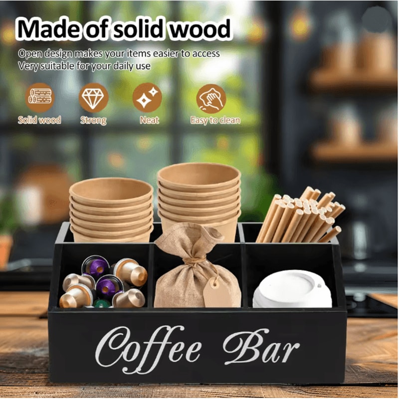 Wooden Coffee Bar Organizer Coffee Rack With Storage Compartments 1