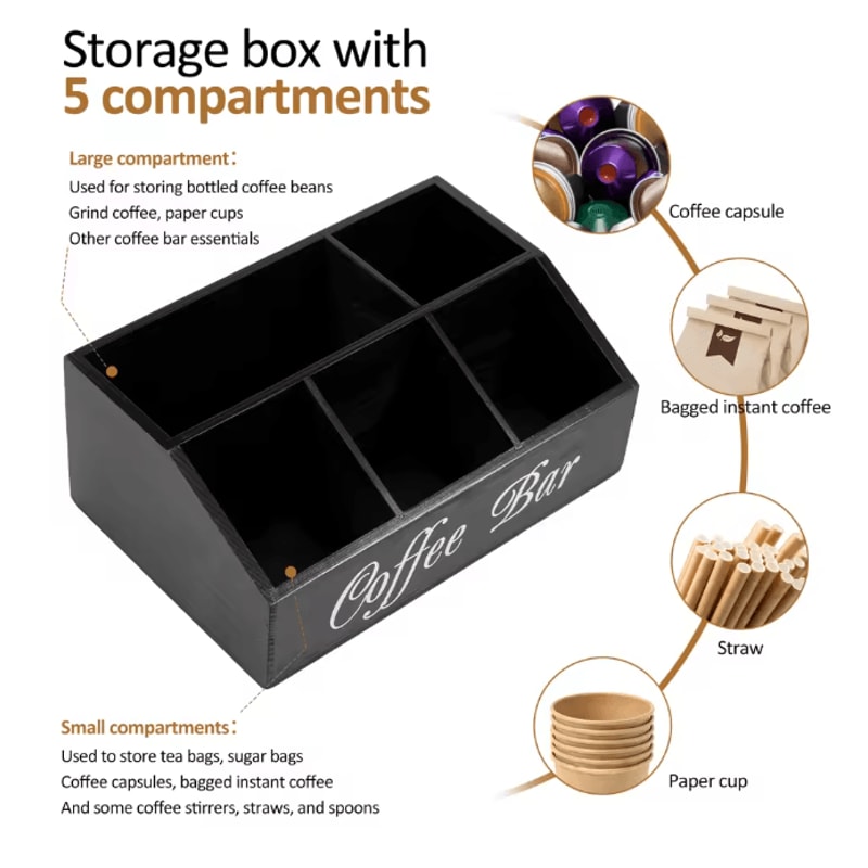 Wooden Coffee Bar Organizer Coffee Rack With Storage Compartments 3