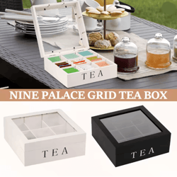 wood tea bag storage box with clear lid and dividers