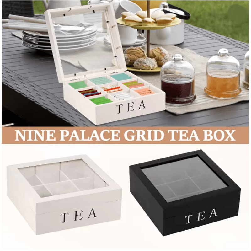 Wood Tea Bag Storage Box With Clear Lid And Dividers 0