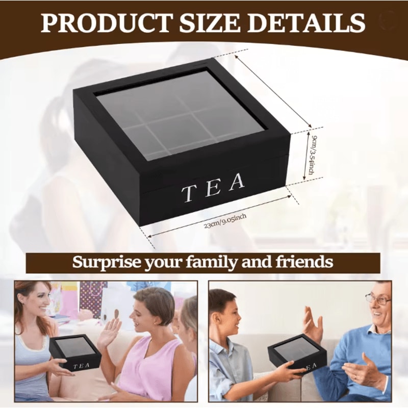 Wood Tea Bag Storage Box With Clear Lid And Dividers 3