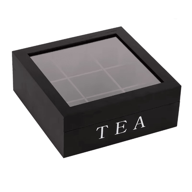Wood Tea Bag Storage Box With Clear Lid And Dividers 4