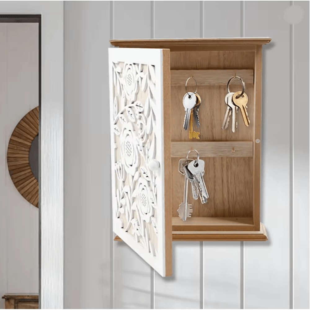 Wood Key Box Decorative Wall Key Holder With Hooks For Entryway 0