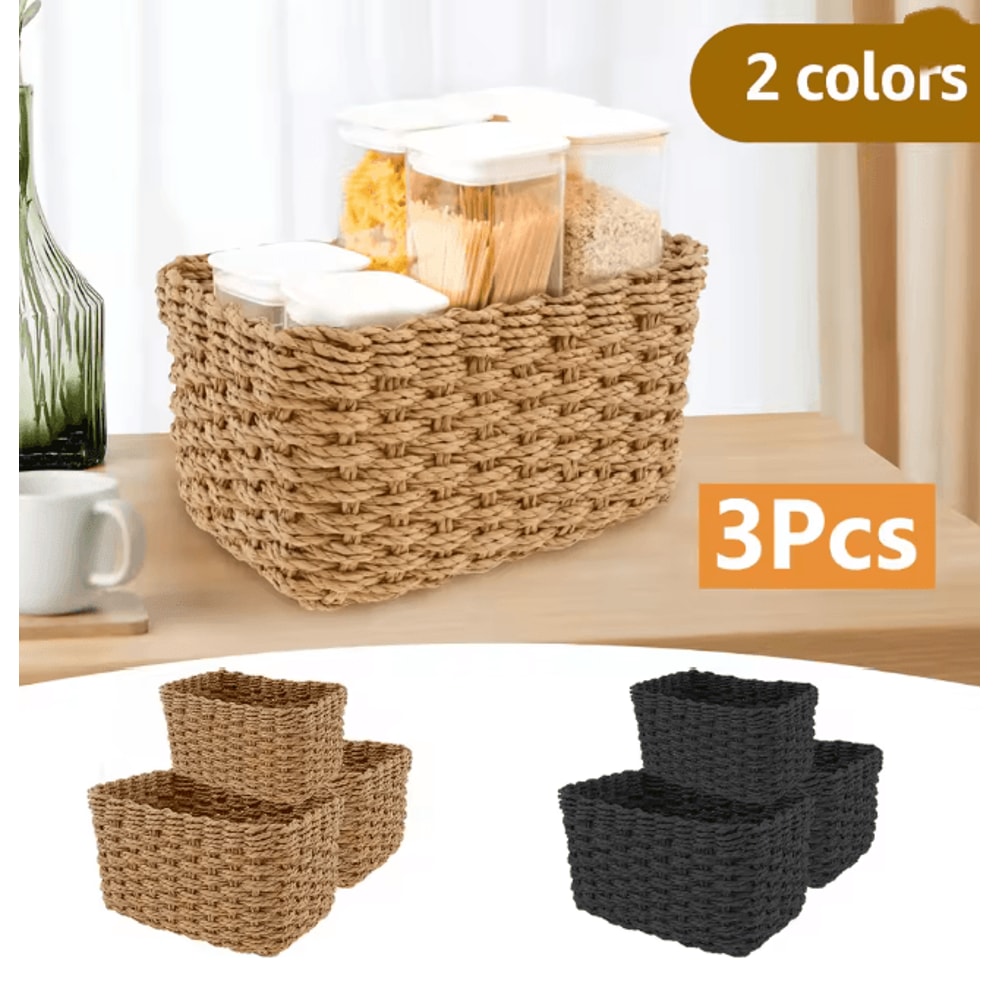 Grass Woven Storage Baskets Set Decorative Multipurpose Organizer Bins Set Of 3 0