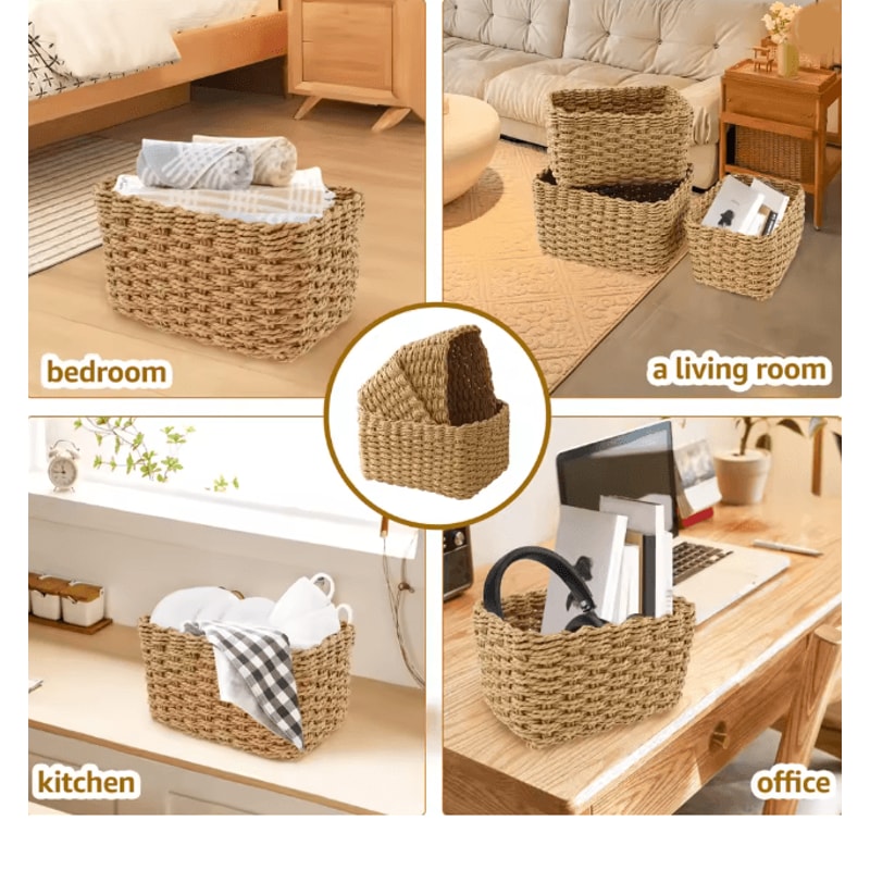 Grass Woven Storage Baskets Set Decorative Multipurpose Organizer Bins Set Of 3 2