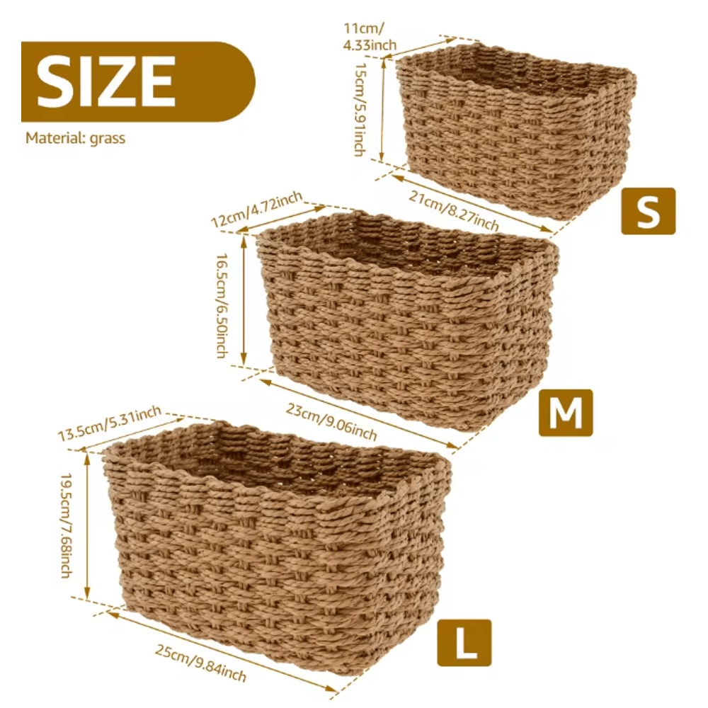 Grass Woven Storage Baskets Set Decorative Multipurpose Organizer Bins Set Of 3 3