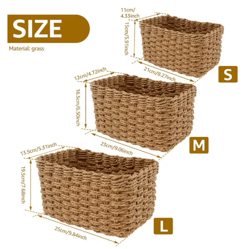 Grass Woven Storage Baskets Set Decorative Multipurpose Organizer Bins Set Of 3 3