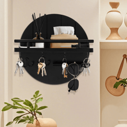 rustic wooden wall key organizer shelf with hooks and mail storage