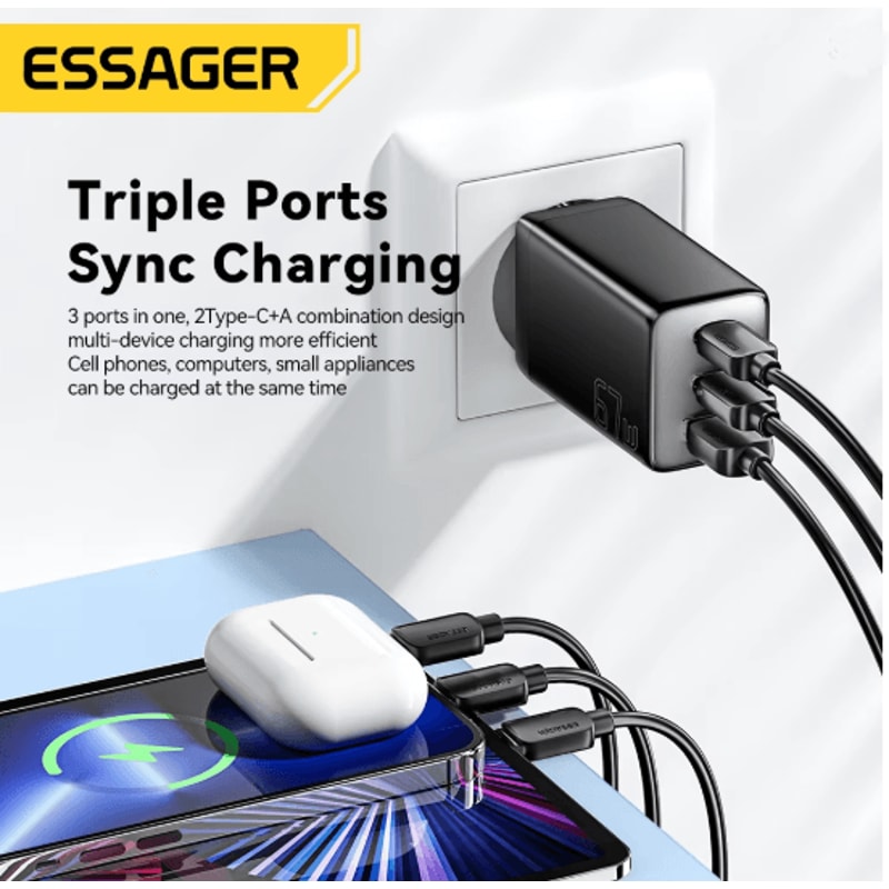 Essager 67W GaN USB C Fast Charger With Dual USB Ports 2