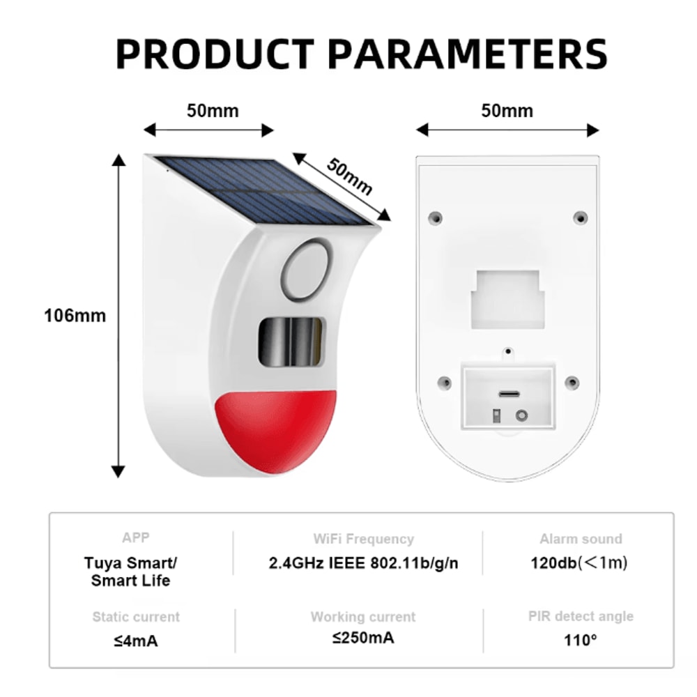 Solar Outdoor PIR Motion Alarm Siren WIFI Smart Security With App Control 3