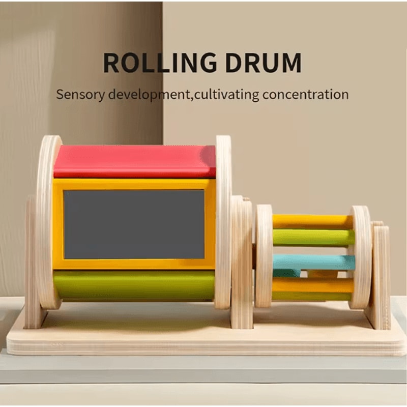 Montessori Wooden Spinning Drum Baby Sensory Toy For Toddlers 0