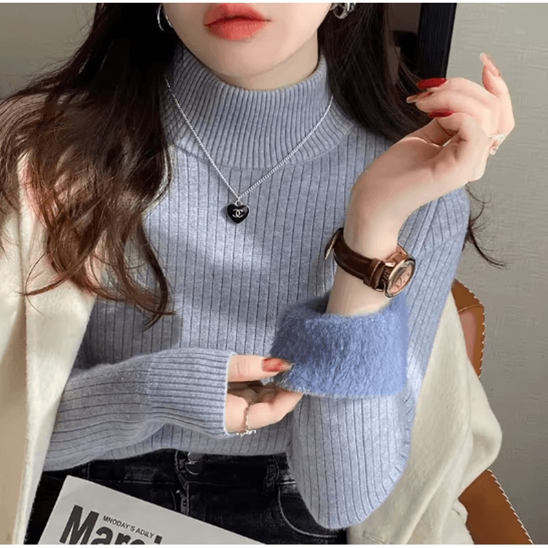 Womens Turtleneck Sweater Velvet Lined Thermal Knit Winter Top 7