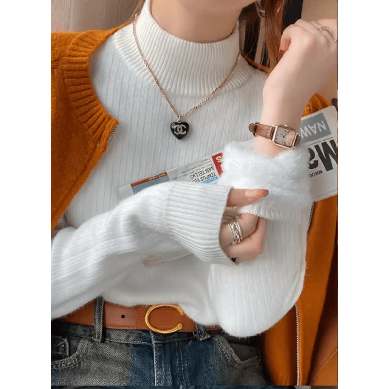 Womens Turtleneck Sweater Velvet Lined Thermal Knit Winter Top 2