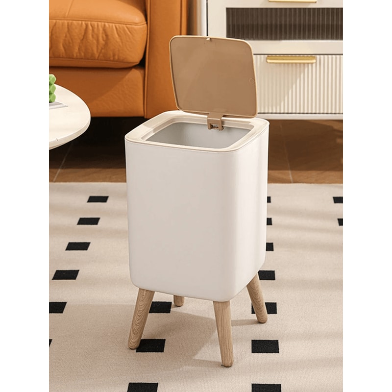 Modern Press Lid Trash Can With Wood Grain Design For Bedroom Bathroom And Living Room 0