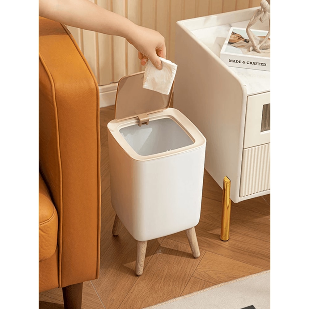 Modern Press Lid Trash Can With Wood Grain Design For Bedroom Bathroom And Living Room 1