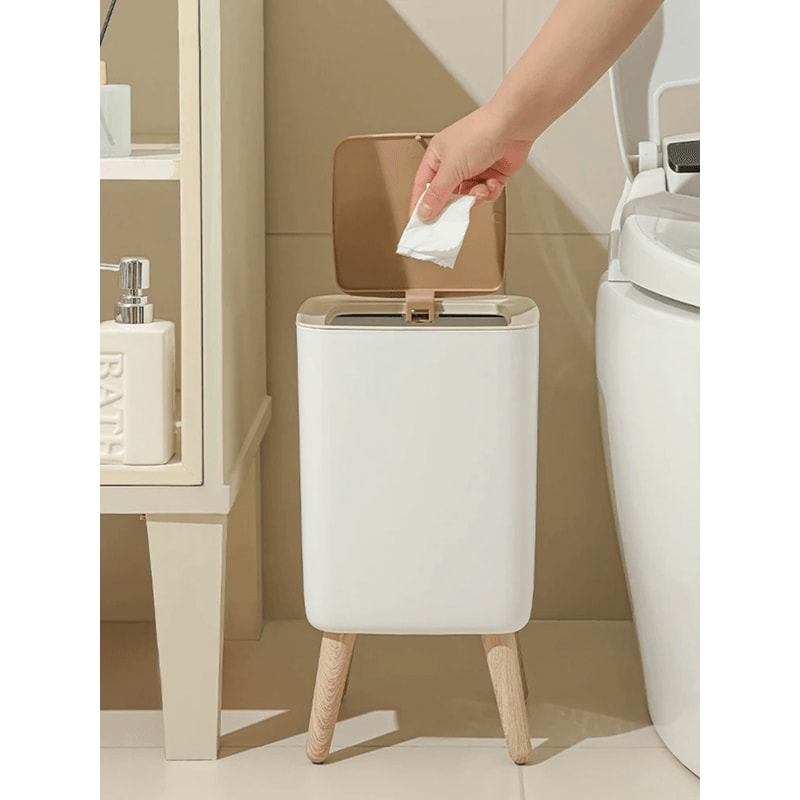 Modern Press Lid Trash Can With Wood Grain Design For Bedroom Bathroom And Living Room 2