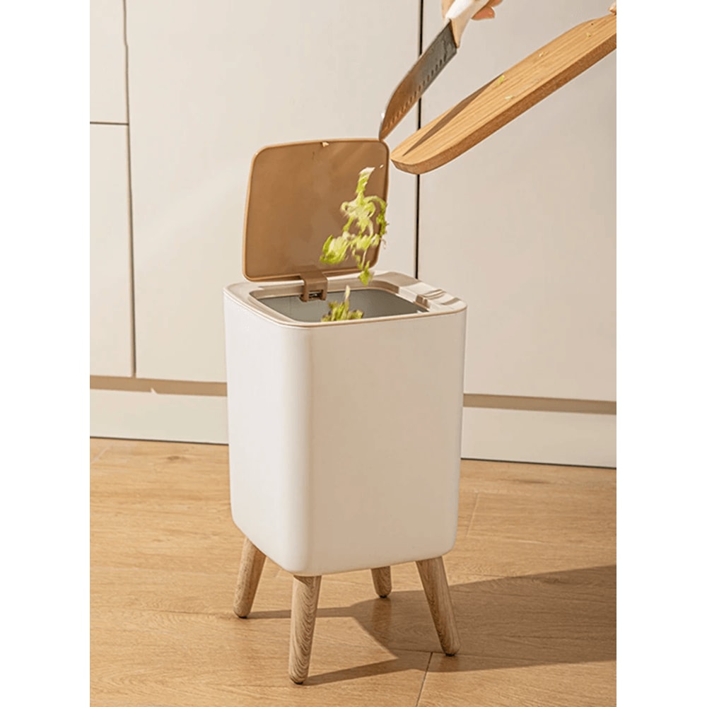 Modern Press Lid Trash Can With Wood Grain Design For Bedroom Bathroom And Living Room 3