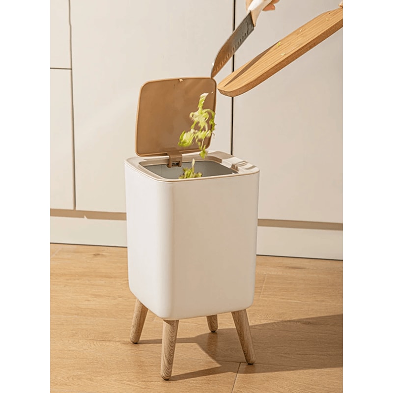 Modern Press Lid Trash Can With Wood Grain Design For Bedroom Bathroom And Living Room 3