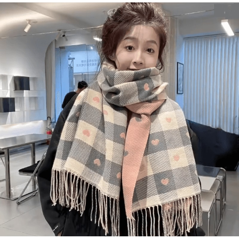 Womens Plaid Blanket Scarf Heart Pattern Warm Shawl For Autumn And Winter 2