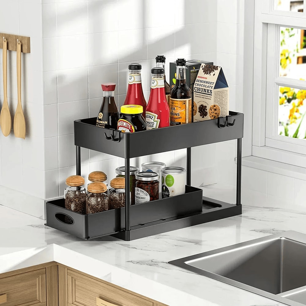 2 Tier Under Sink Organizer Sliding Cabinet Storage Rack With Hooks 1