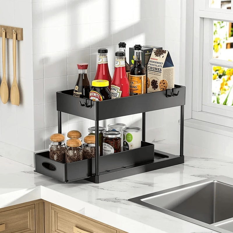 2 Tier Under Sink Organizer Sliding Cabinet Storage Rack With Hooks 1