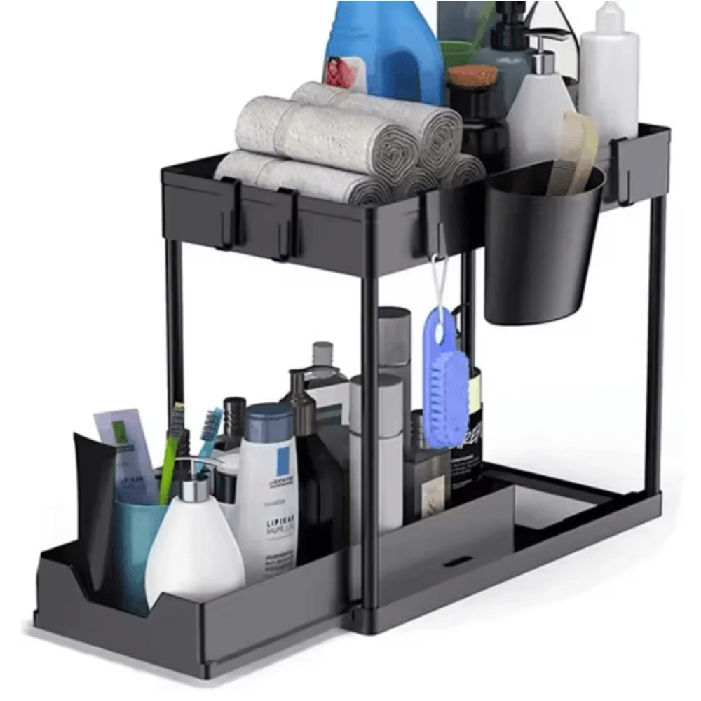 2 Tier Under Sink Organizer Sliding Cabinet Storage Rack With Hooks 3