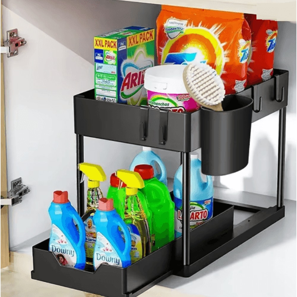 2 Tier Under Sink Organizer Sliding Cabinet Storage Rack With Hooks 4