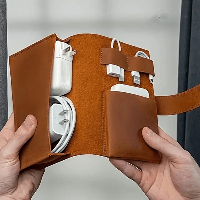 PU Leather Multi Compartment Tech Organizer Travel Cable Case 0