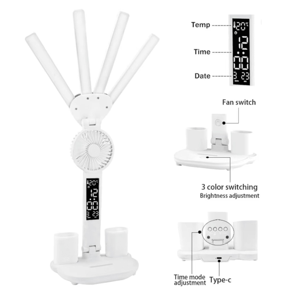 Multifunction LED Desk Lamp With Fan Clock And USB Charging Folding Table Light 1