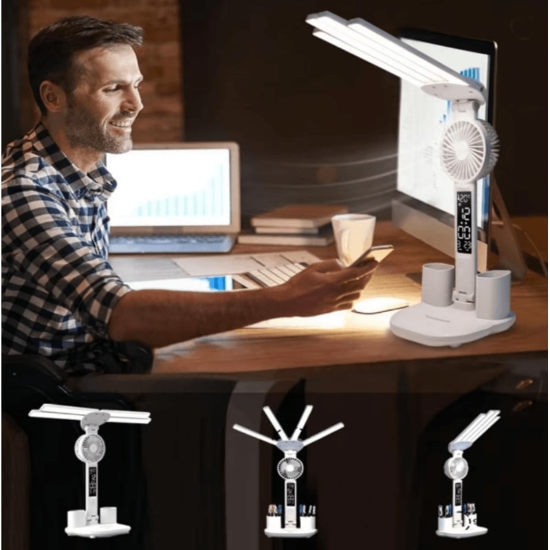 Multifunction LED Desk Lamp With Fan Clock And USB Charging Folding Table Light 2