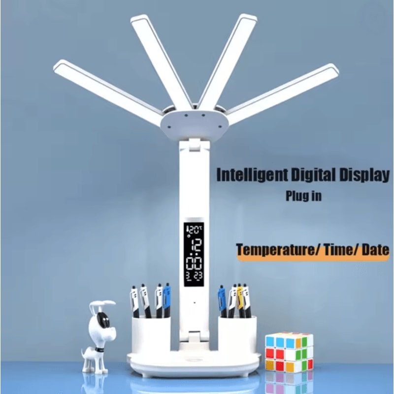 Multifunction LED Desk Lamp With Fan Clock And USB Charging Folding Table Light 4