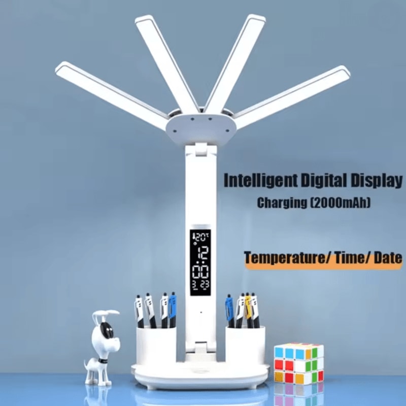 Multifunction LED Desk Lamp With Fan Clock And USB Charging Folding Table Light 5