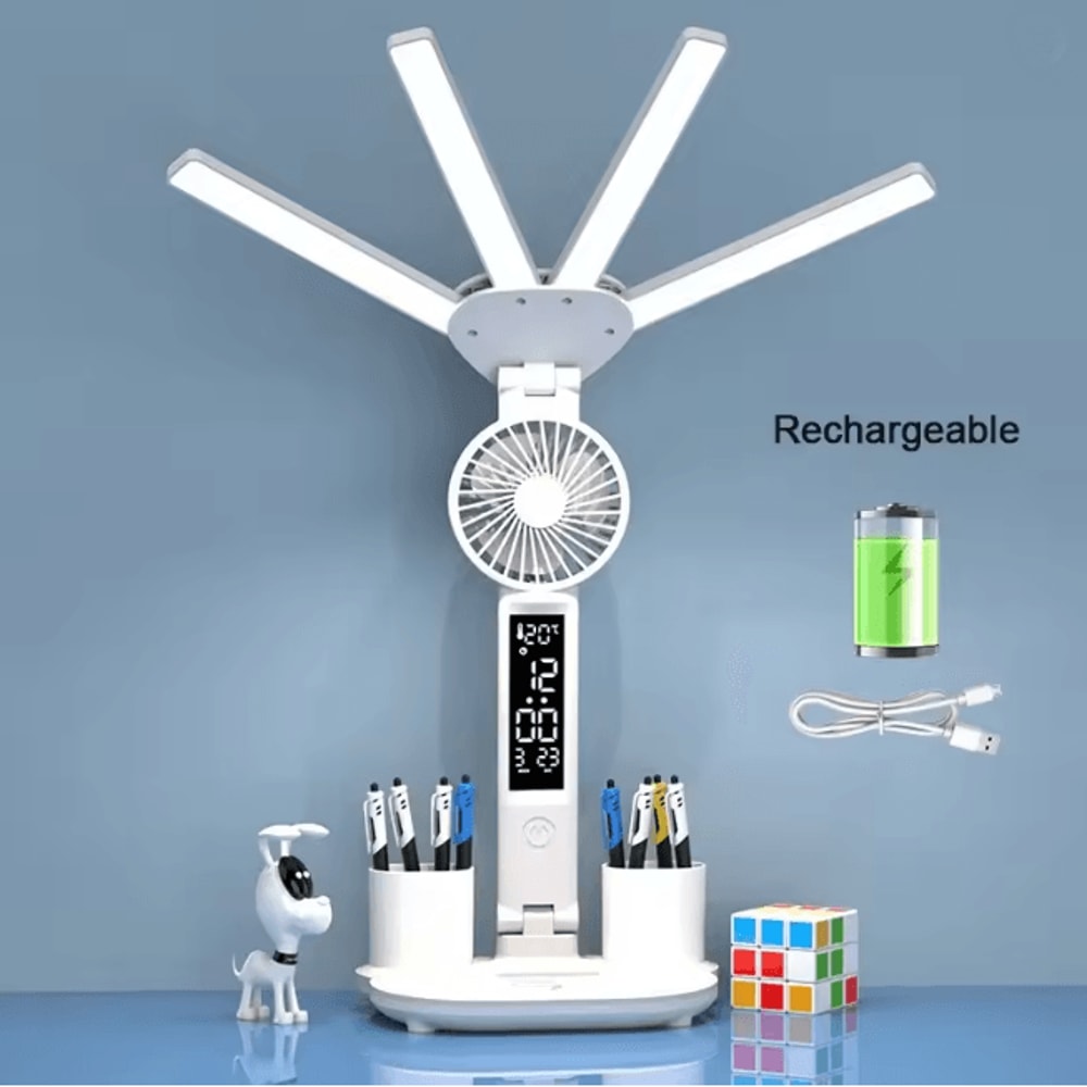 Multifunction LED Desk Lamp With Fan Clock And USB Charging Folding Table Light 6