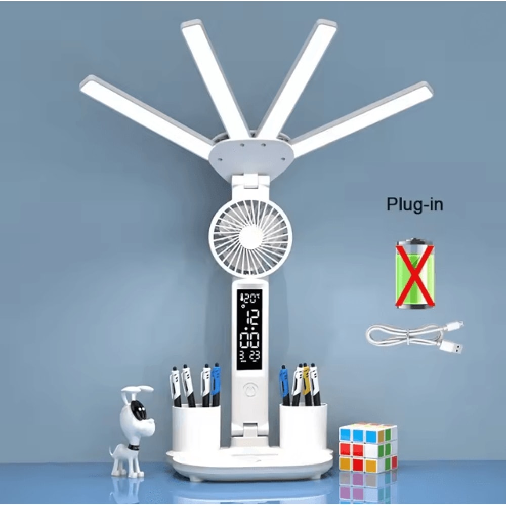 Multifunction LED Desk Lamp With Fan Clock And USB Charging Folding Table Light 7