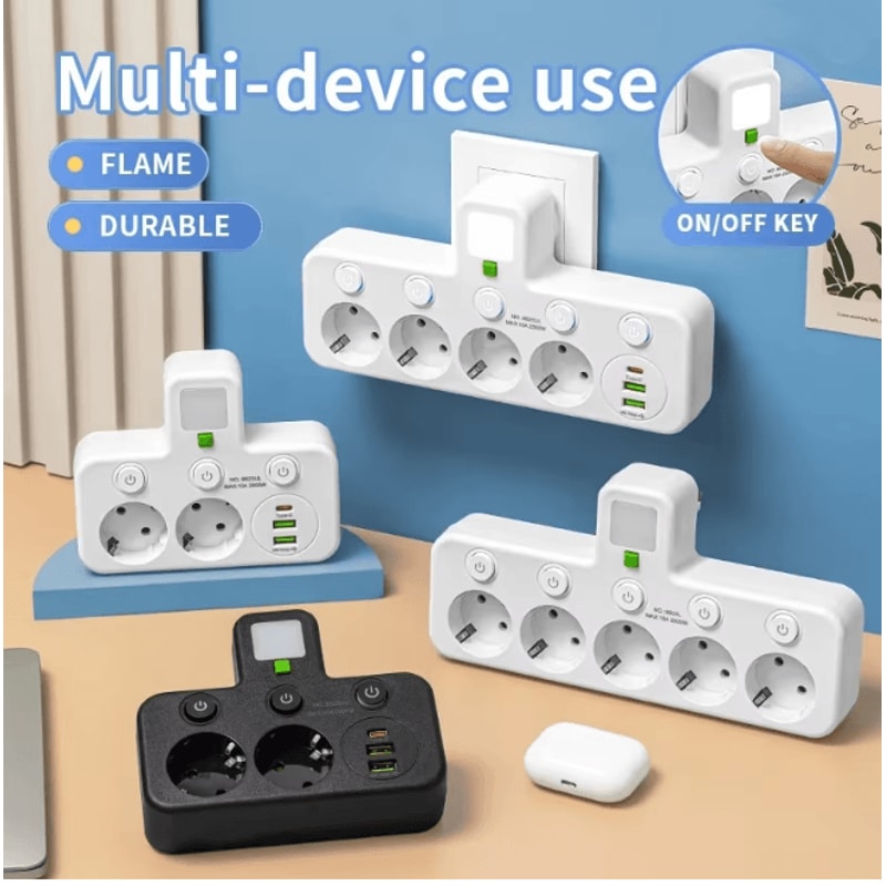 EU Multi Socket Wall Plug Adapter Four Way Power Socket Space Saving Design 0