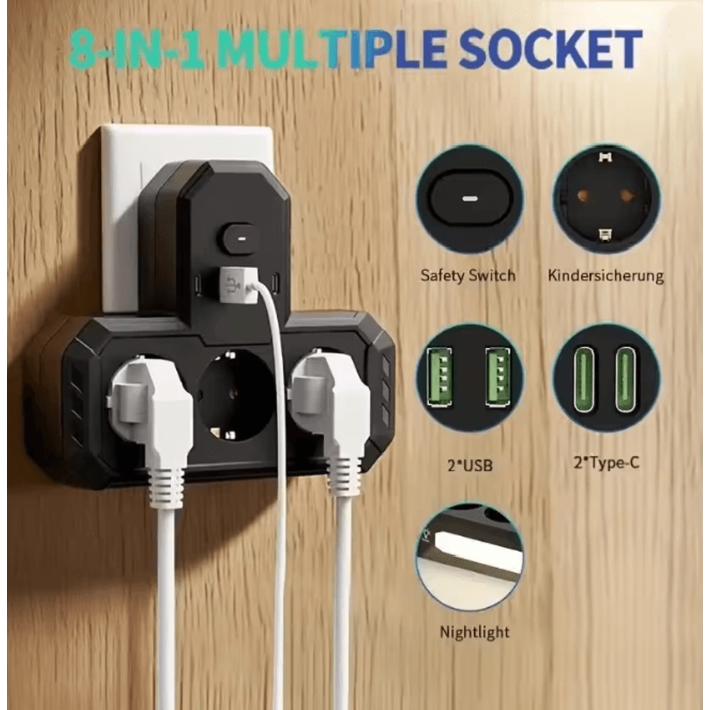 EU Multi Socket Wall Plug Adapter Four Way Power Socket Space Saving Design 15