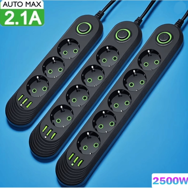 EU Power Strip Extension Cord With USB Ports 2M Cable Multi Socket Adapter 0