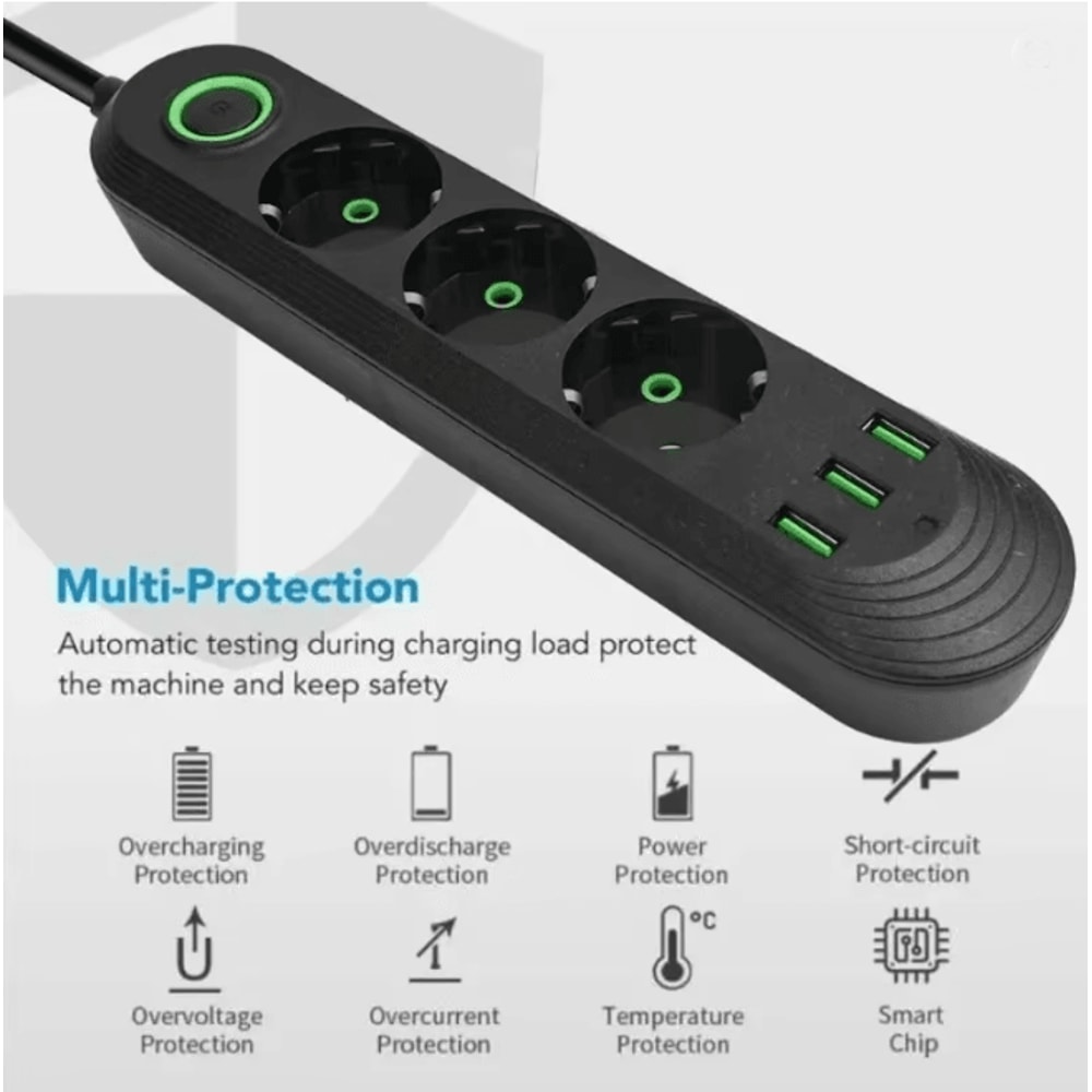 EU Power Strip Extension Cord With USB Ports 2M Cable Multi Socket Adapter 2