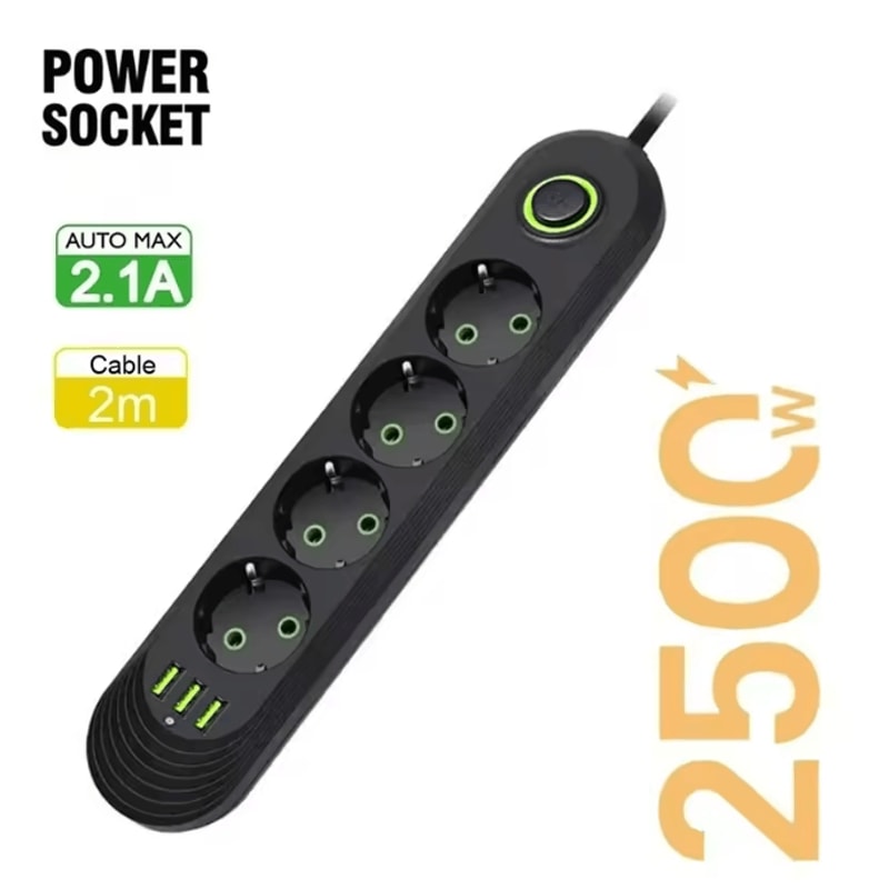 EU Power Strip Extension Cord With USB Ports 2M Cable Multi Socket Adapter 3