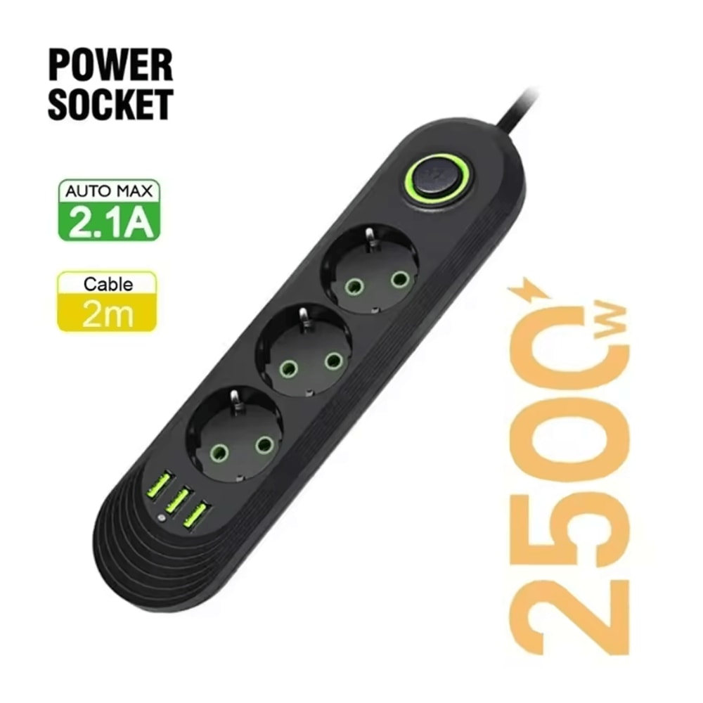 EU Power Strip Extension Cord With USB Ports 2M Cable Multi Socket Adapter 4