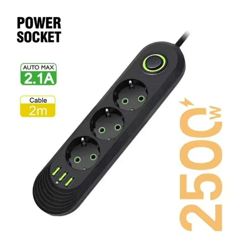 EU Power Strip Extension Cord With USB Ports 2M Cable Multi Socket Adapter 4