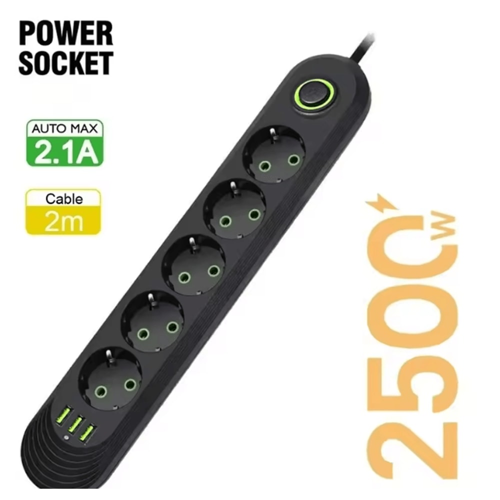 EU Power Strip Extension Cord With USB Ports 2M Cable Multi Socket Adapter 5